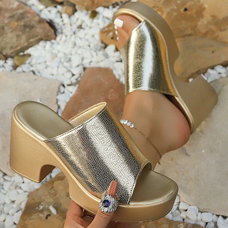 Metallic Heel Sandal - 패션 골드 실버 청키 플랫폼 샌들