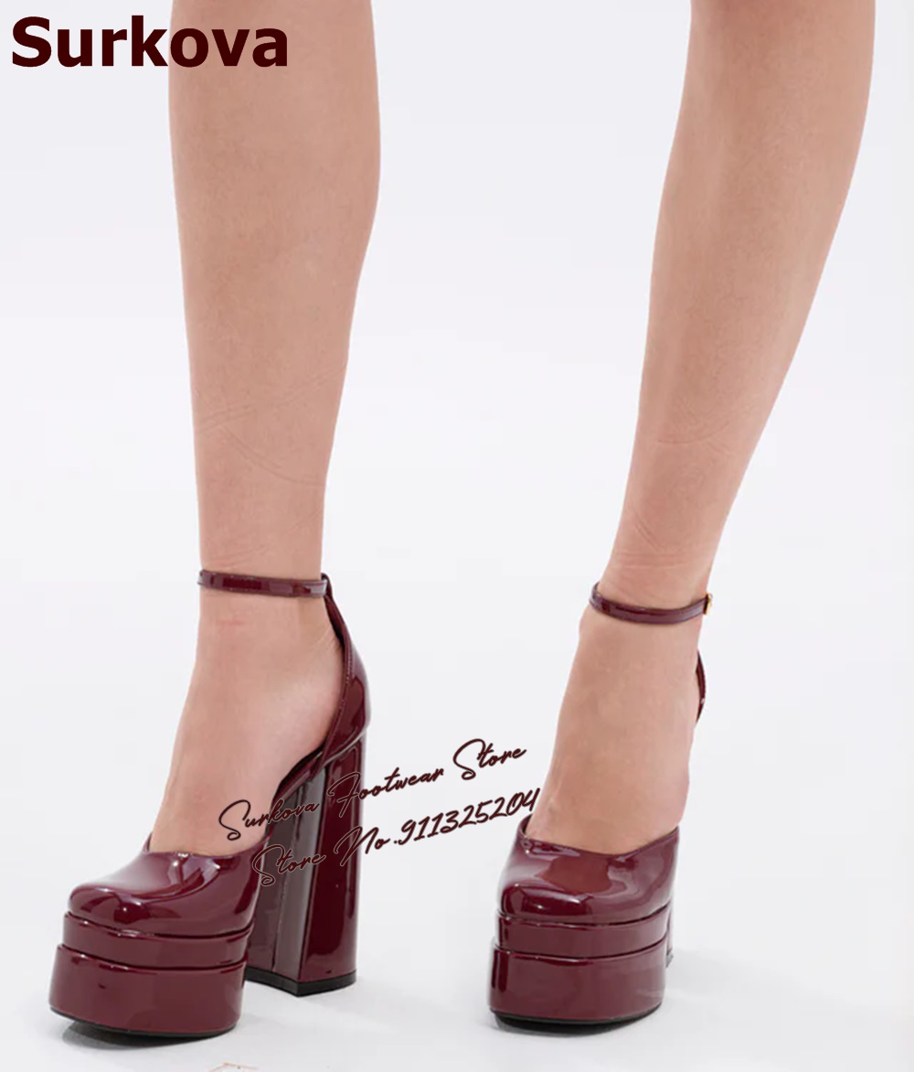 Women'S Shoes Burgundy - Surkova 부르고뉴 특허 가죽 Chunky Heel