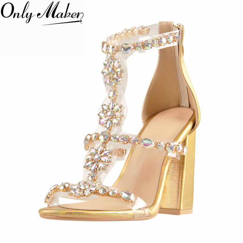 Clear Strap Heel - Onlymaker 여성용 골드 라인스톤 글래디에이터 샌들