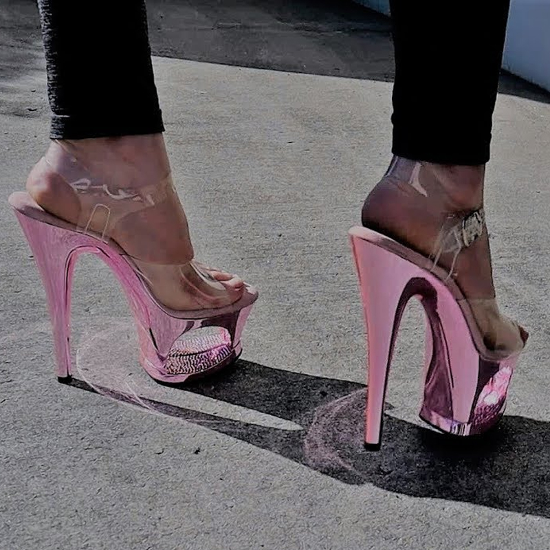 Clear Strap Heel - 핑크 홀로우 아웃 플랫폼 스틸레토 투명