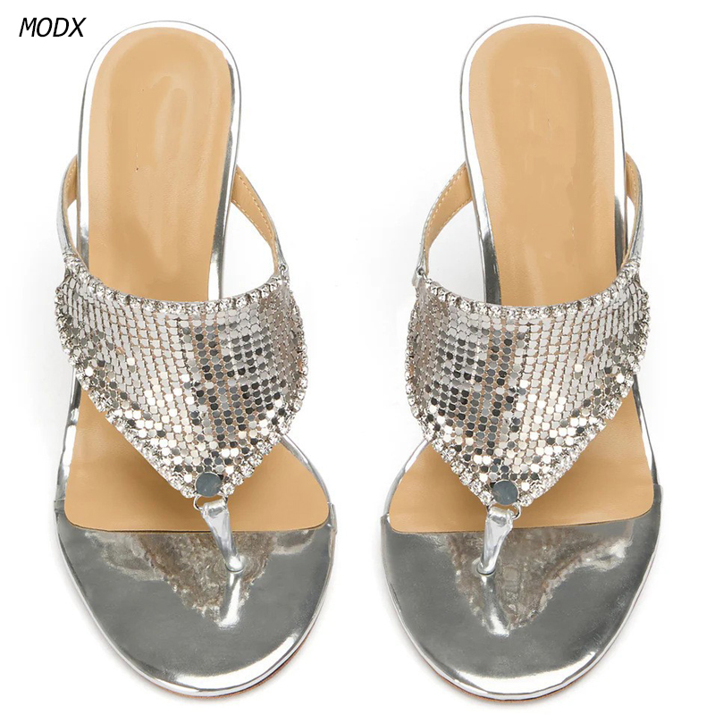 Thong Flat Sandal - 여성용 실버 메탈릭 thong 뮬 슬리퍼