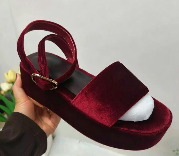 Women'S Shoes Burgundy - 버건디 벨벳 라운드 오픈토 두꺼운 굽