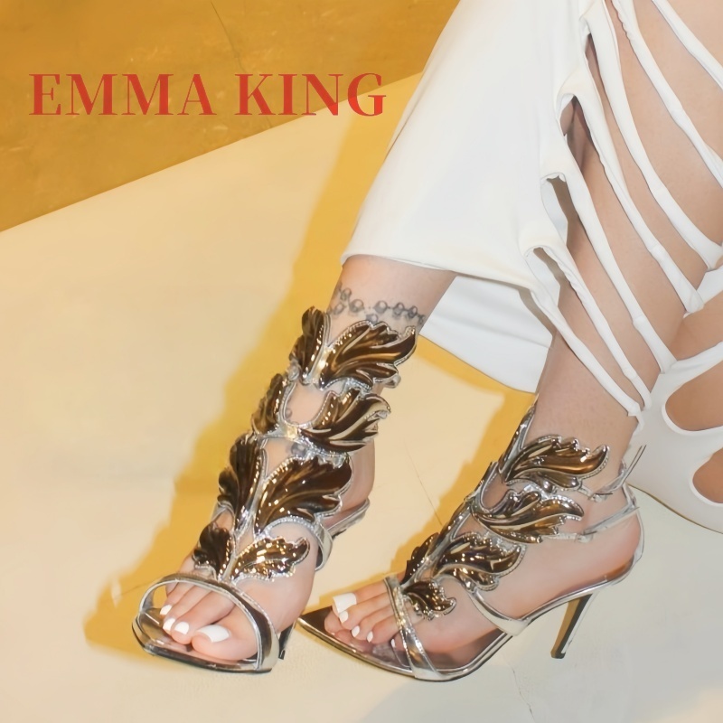 Metallic Heel Sandal - 여성용 메탈릭 윙드 하이힐 샌들, 포인티드