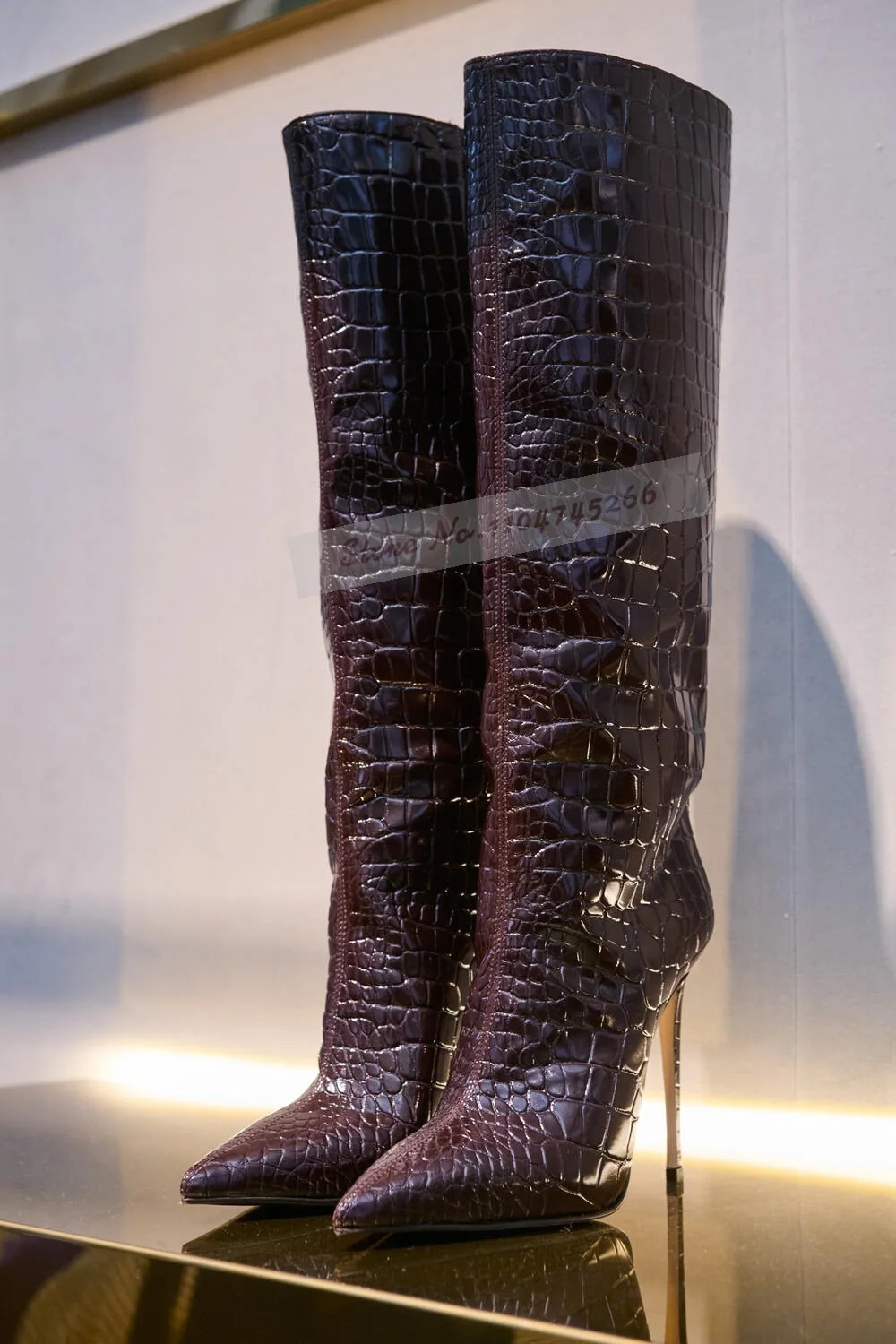 Women'S Shoes Burgundy - 부르고뉴 악어 얇은 하이힐 무릎 부츠
