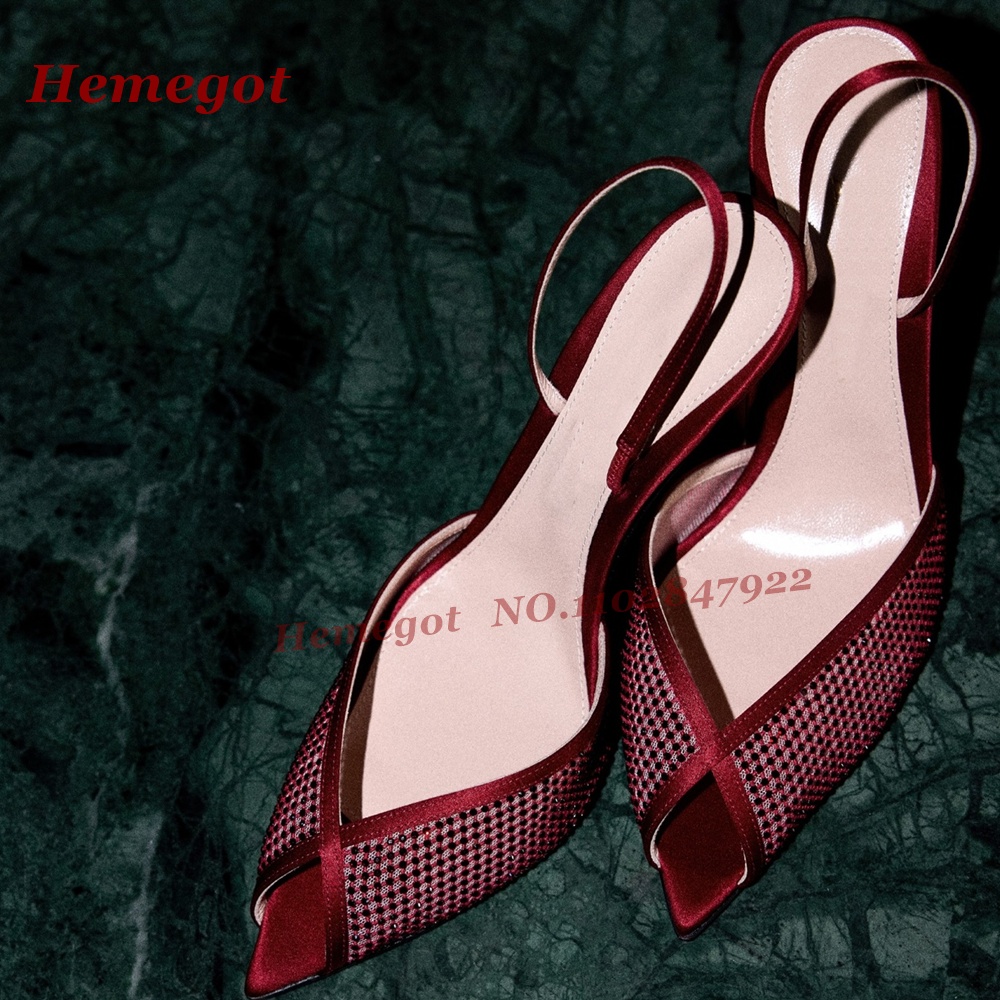Women'S Shoes Burgundy - 여성용 버건디 새틴 메쉬 슬링백 힐
