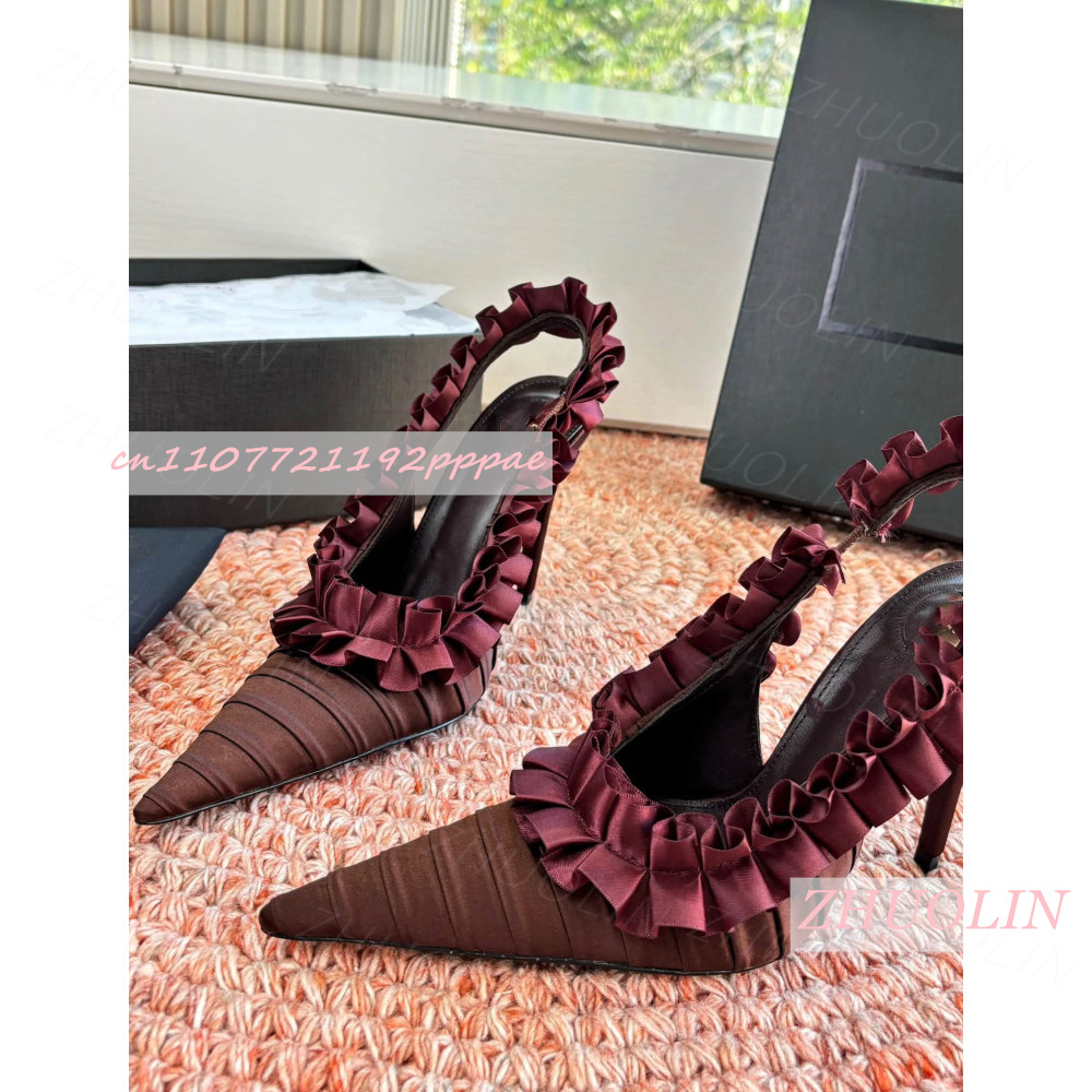 Women'S Shoes Burgundy - 슬링백 힐 버건디 플리츠 새틴 러플