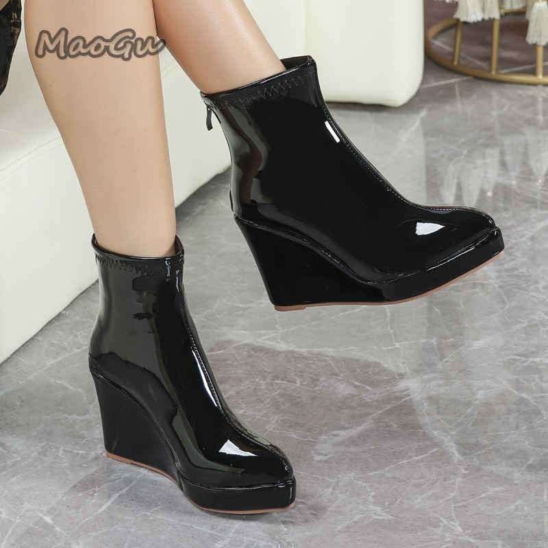 영국 스타일 페이턴트 가죽 버건디 숏 부츠 뾰족한 앞코 - Women'S Shoes Burgundy 리뷰 및 가격