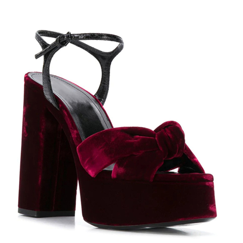 버건디 벨벳 매듭형 오픈토 플랫폼 샌들 14cm 청키  - Women'S Shoes Burgundy 리뷰 및 가격