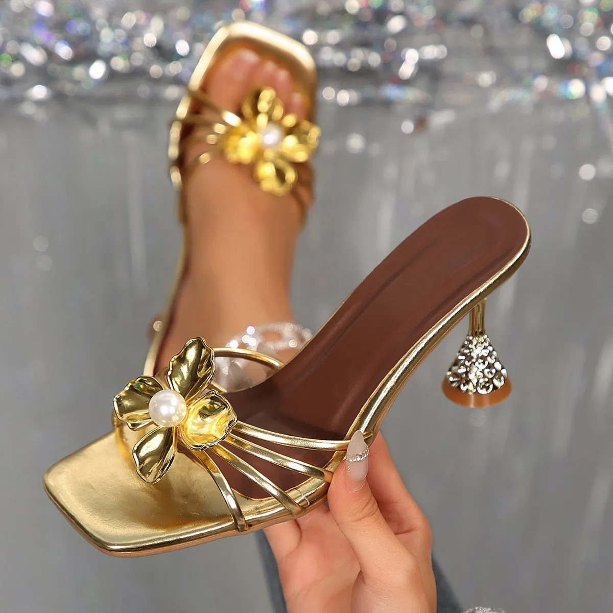 빈티지 메탈 플라워 크리스탈 콘 힐 샌들 여름 진주 스 - Metallic Heel Sandal 리뷰 및 가격