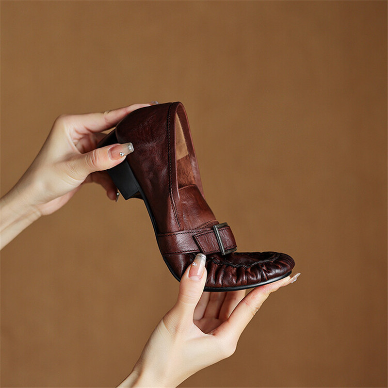 여성용 정품 가죽 펌프스, 여성용 주름진 라운드 토 슈 - Women Shoes Loafers 리뷰 및 가격