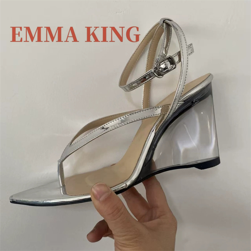 여성용 에나멜 가죽 웨지 샌들, 우아한 끈 장식 포인티 - Clear Strap Heel 리뷰 및 가격