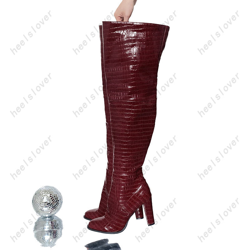 여성 수제 겨울 허벅지 부츠 스톤 패턴 청키 힐 라운드 - Women'S Shoes Burgundy 리뷰 및 가격