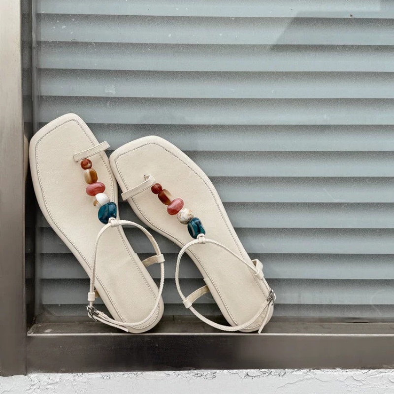 여성용 블랙 스웨이드 컬러풀 비즈 장식 끈 샌들 플랫  - Thong Flat Sandal 리뷰 및 가격