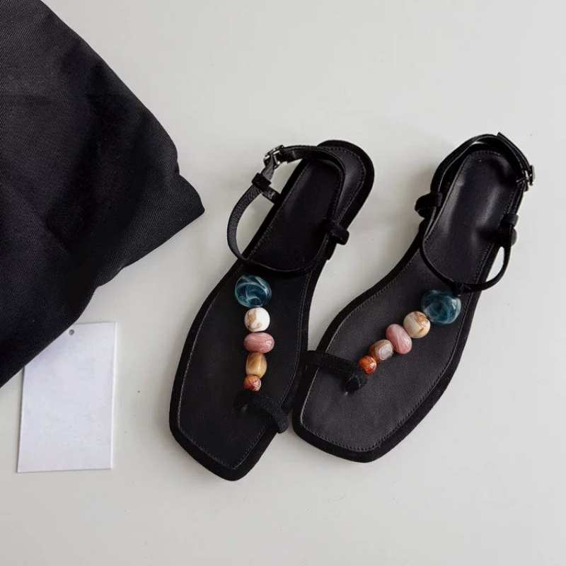 여성용 블랙 스웨이드 컬러풀 비즈 장식 끈 샌들 플랫  - Thong Flat Sandal 리뷰 및 가격