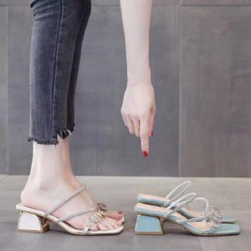 여성 여름 라인스톤 투명 스트랩 샌들 스퀘어 토 블록  - Clear Strap Heel 리뷰 및 가격